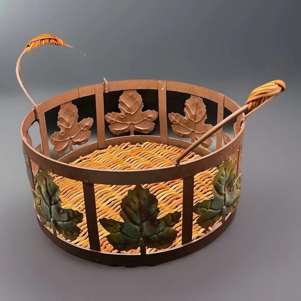 Vintage Metal & Rattan Round Basket w/ Handles and Leaf Accents‎ 8.5